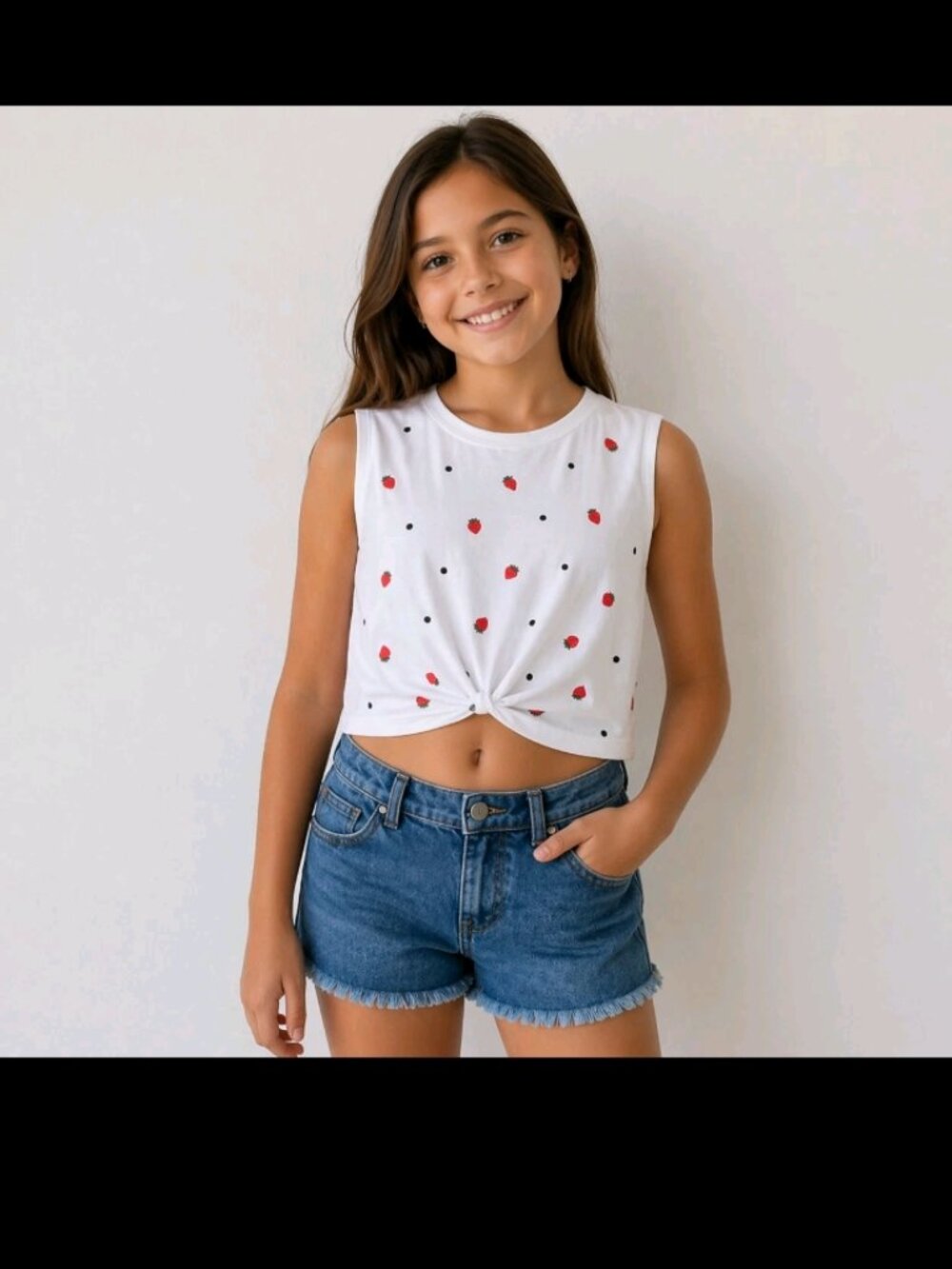 Gaze Girls Tank Top Strawberry Print Sleeveless Summer Tee Twist Front Sz L